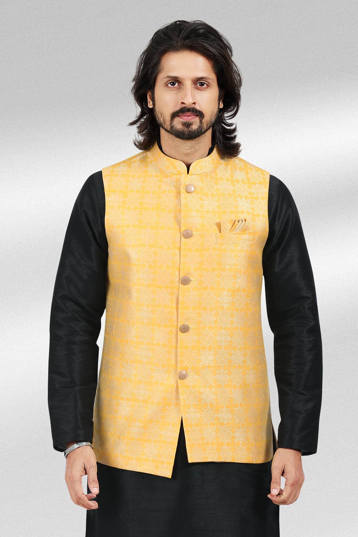 Yellow Colour Jacquard Banarasi Silk Woven Work Kurta Pajama With Jacket