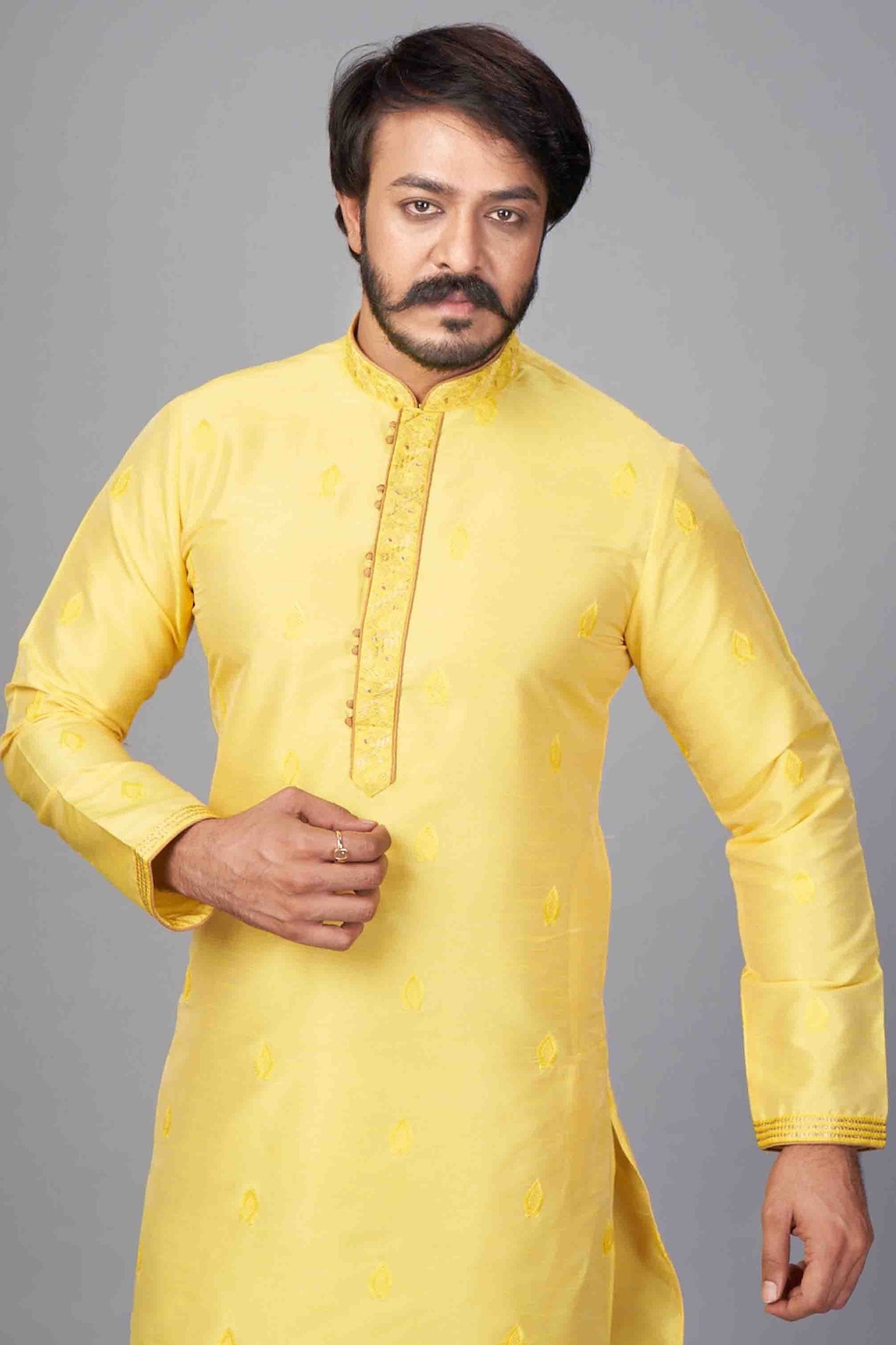 Yellow Colour Kurta Pajama In Jacquard Silk KP1210054 A