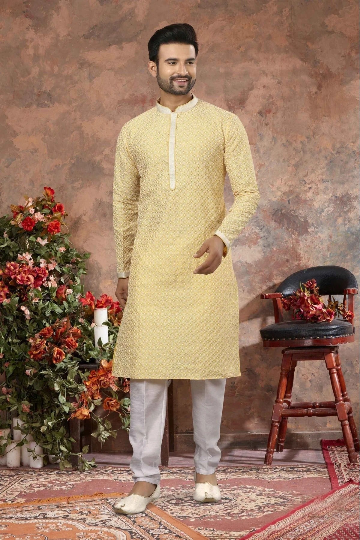 Yellow Colour Kurta Pajama In Lucknowi Fabric KP1040161
