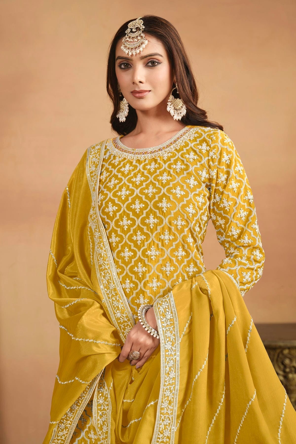Yellow Colour Lehenga Suit Chinon Semi Stitched SM1050507 A