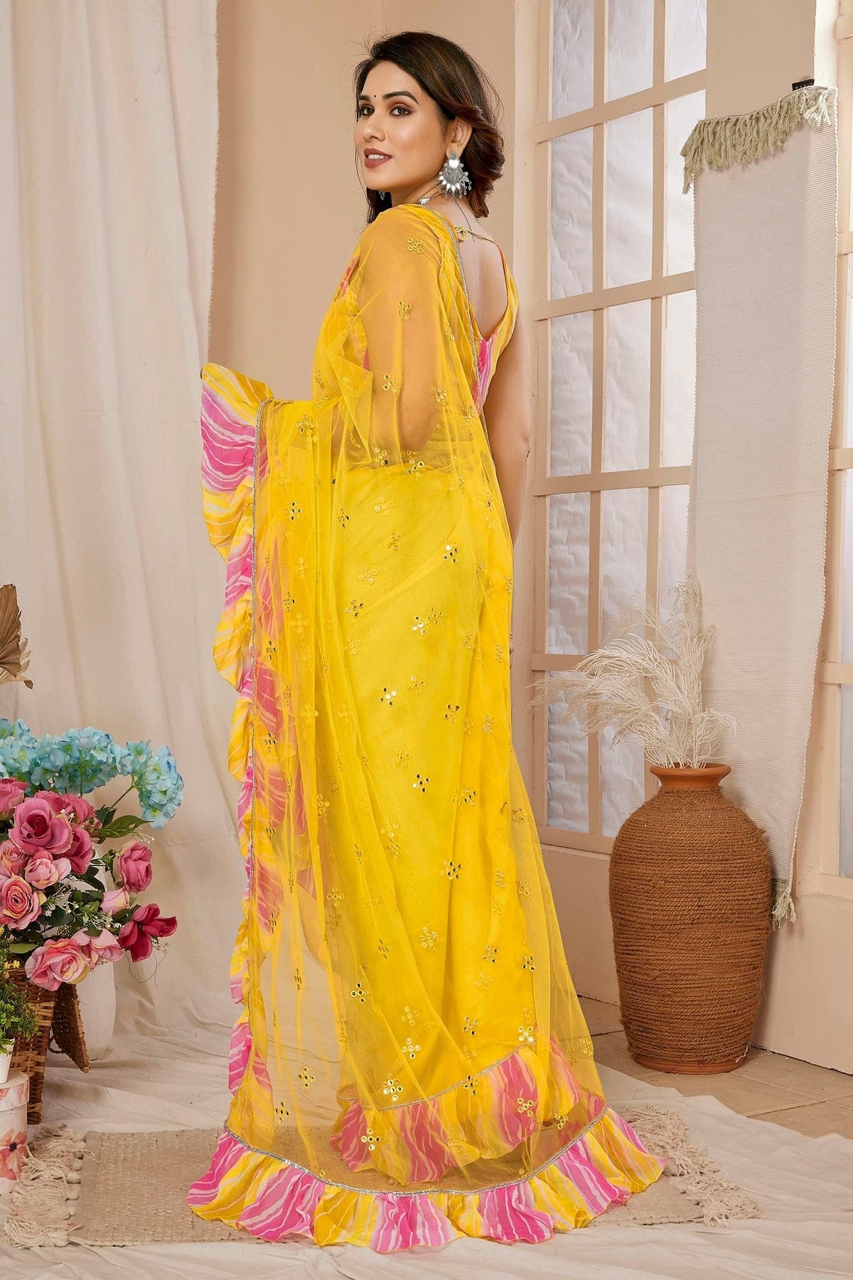 Yellow Colour Net Ruffle Saree SD1180128 A