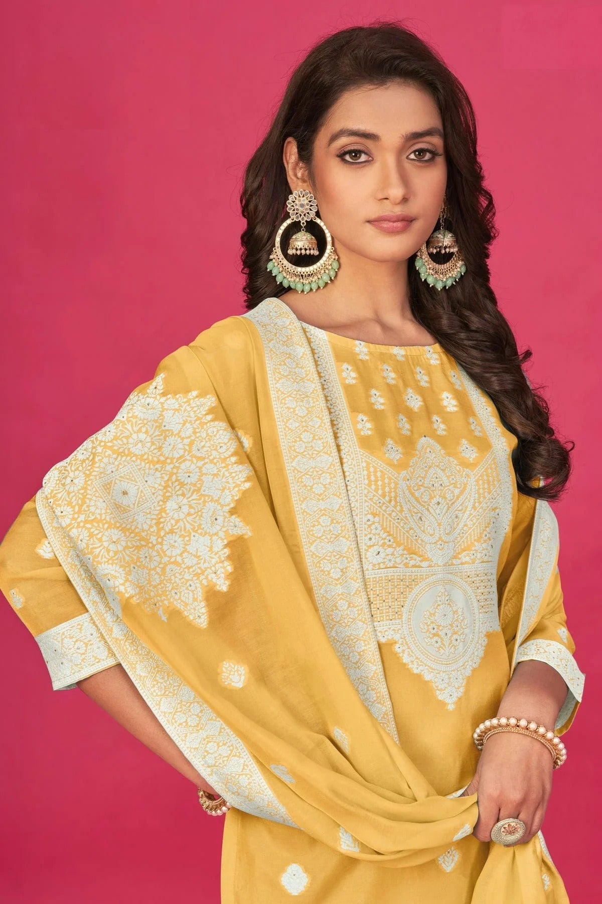 Yellow Colour Semi Stitched Jacquard Straight Suit SM1140192 A