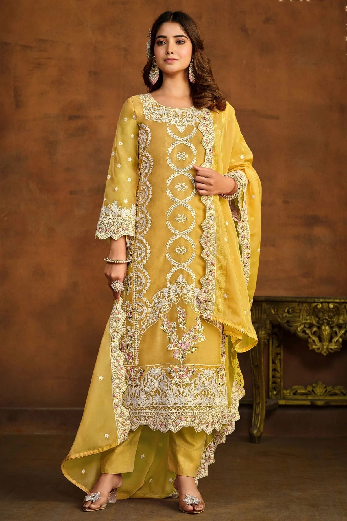 Yellow Colour Semi Stitched Organza Pant Style Suit SM1050432 A