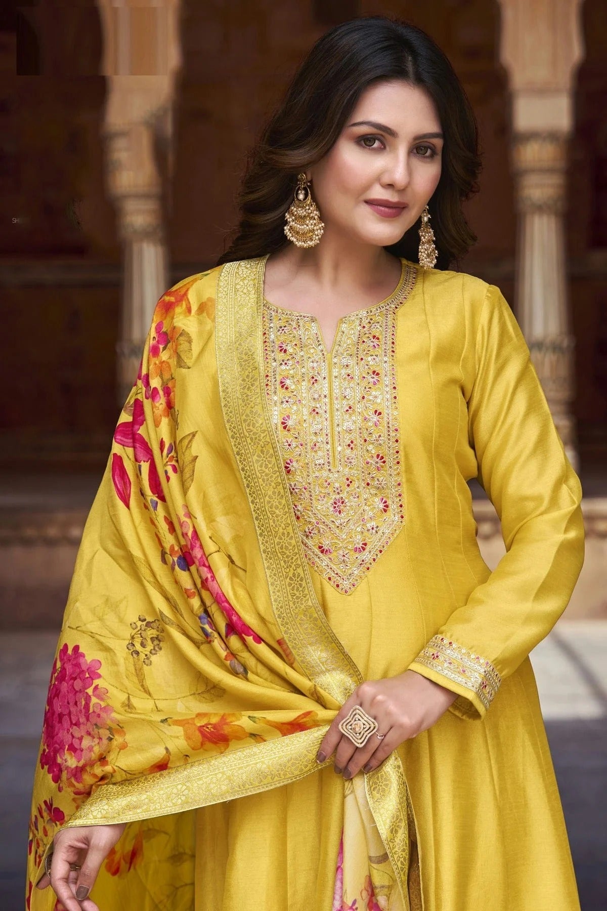 Yellow Colour Semi Stitched Silk Anarkali Suit SM1140247 A