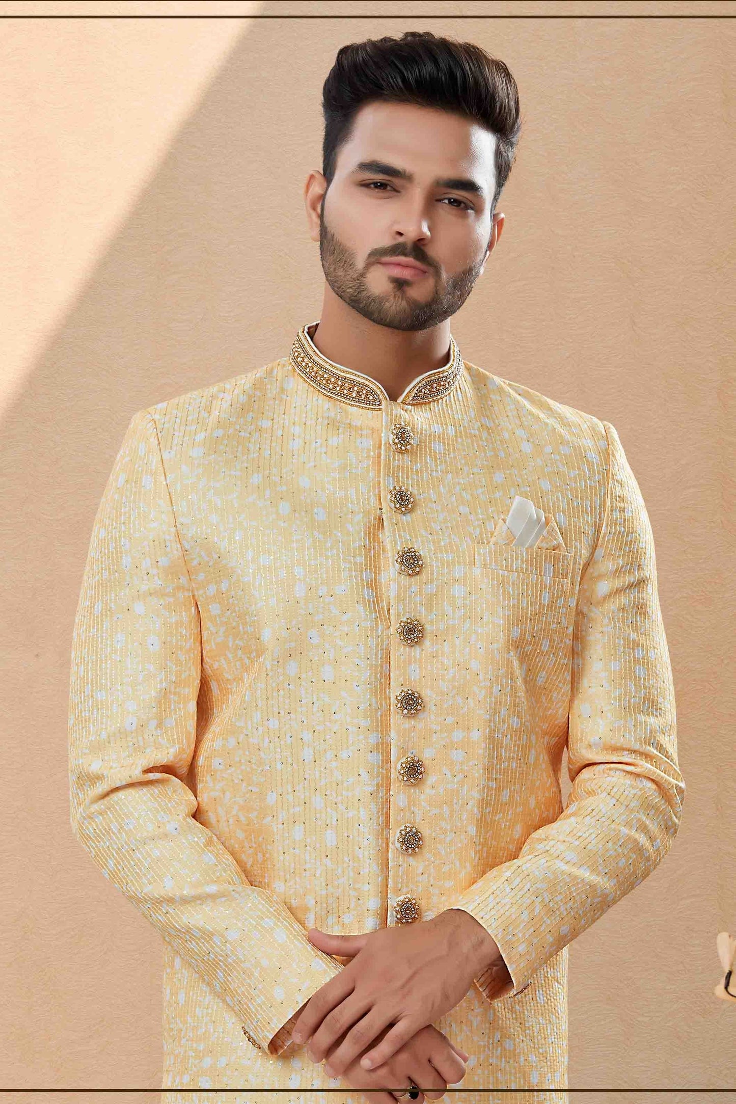 Yellow Colour Sherwani In Silk Fabric SH1040408 A