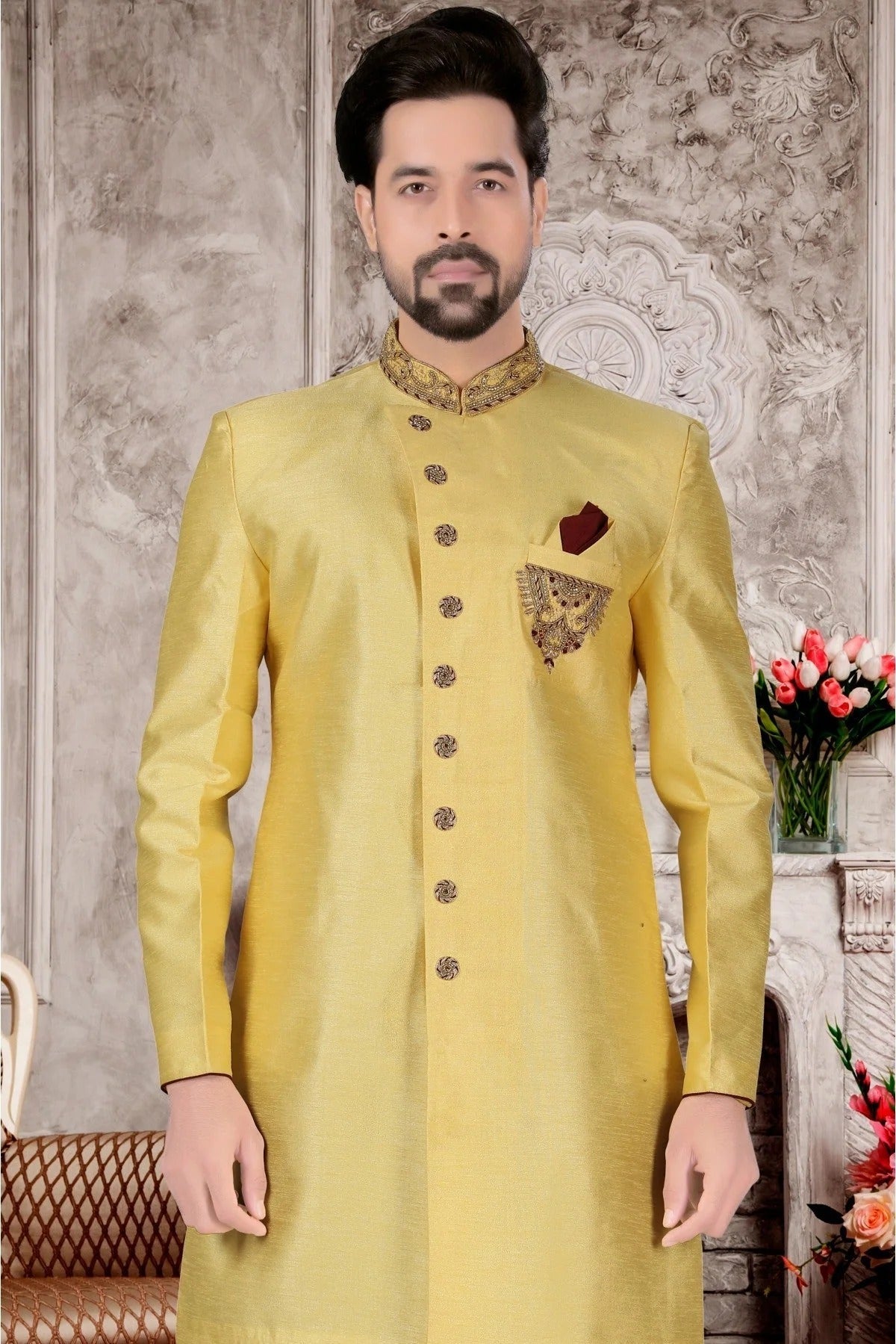 Yellow Colour Slub Silk Sherwani SH1040308 A