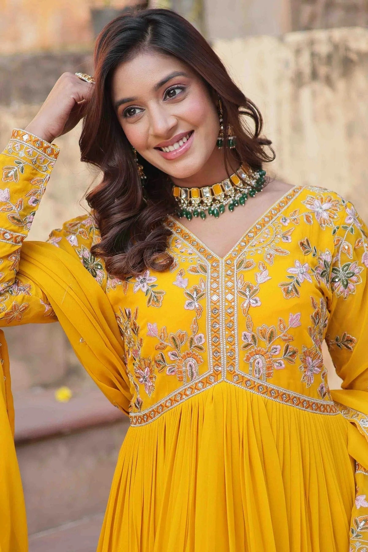 Yellow Colour Stitched Faux Georgette Gown GW1112809 B