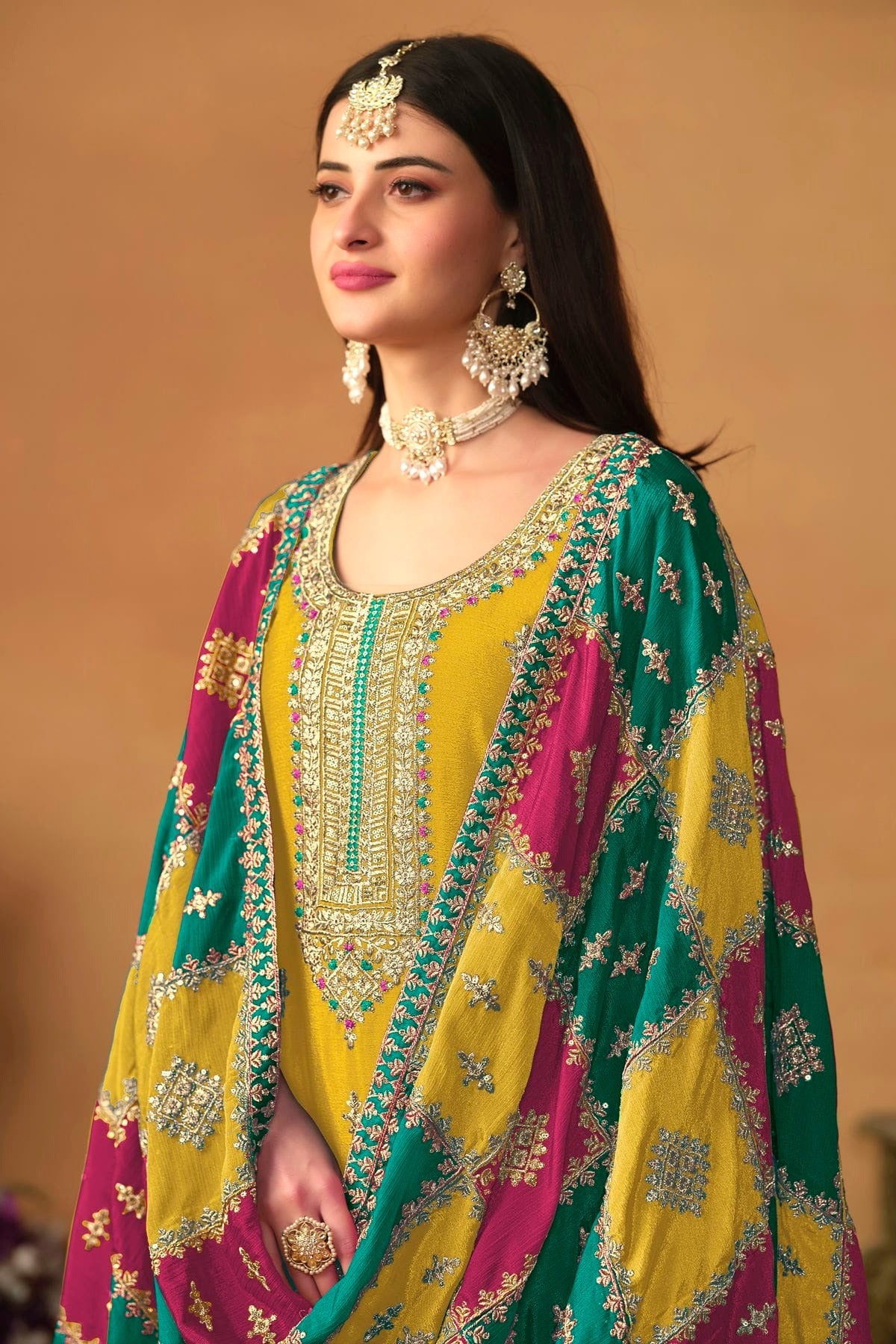 Yellow Colour Straight Suit Chinon Silk Semi Stitched SM1050495 A