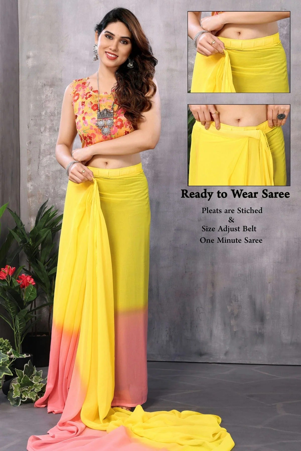 Yellow and Pink Colour Georgette Ready To Wear Saree SD1180025 A