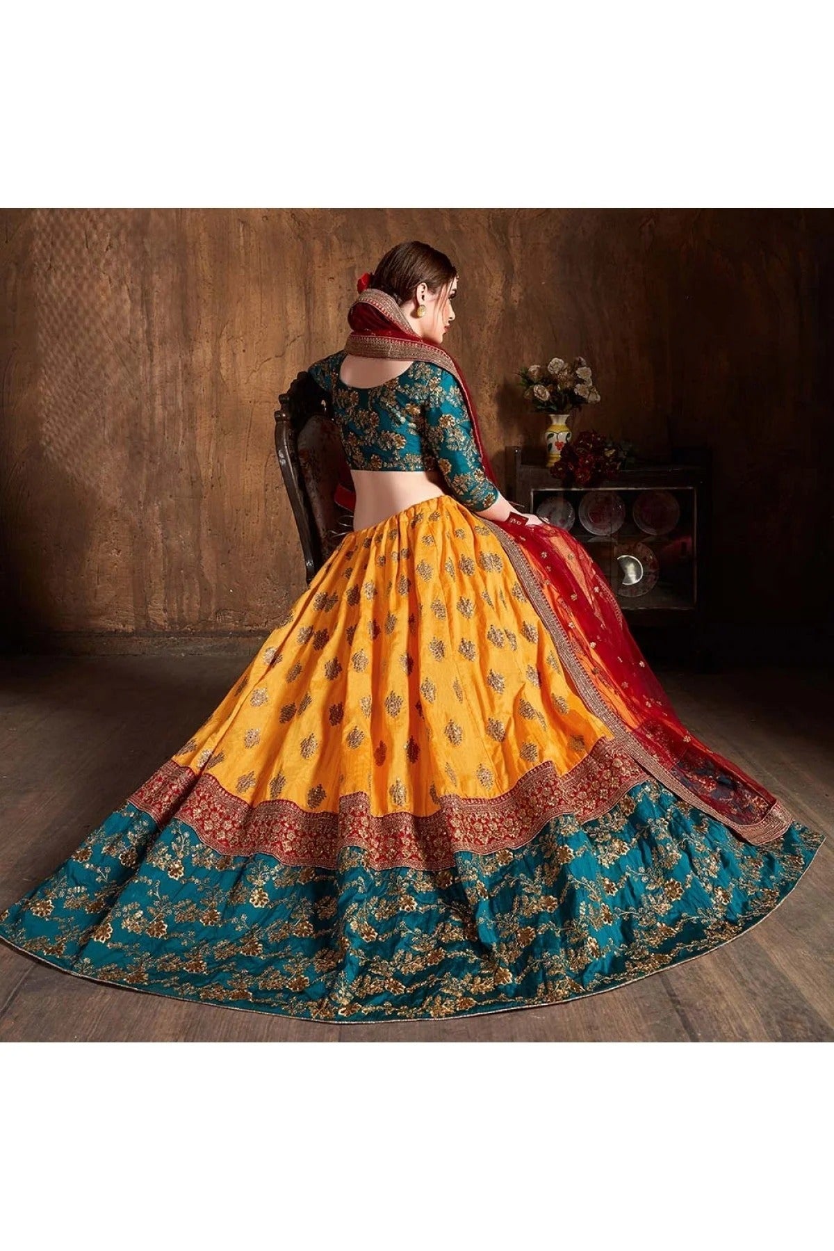 Yellow and Teal Colour Banarasi Silk Lehenga Choli LC1010074 C