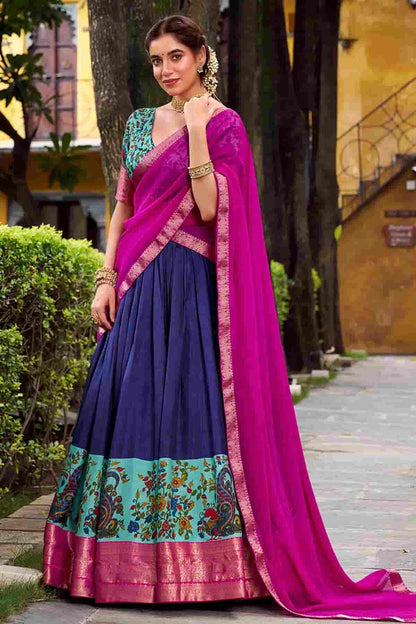 Aastha Silk Printed Zari Woven Work Stitched Lehenga Choli In Blue Colour