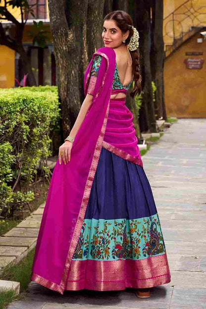 Aastha Silk Printed Zari Woven Work Stitched Lehenga Choli In Blue Colour