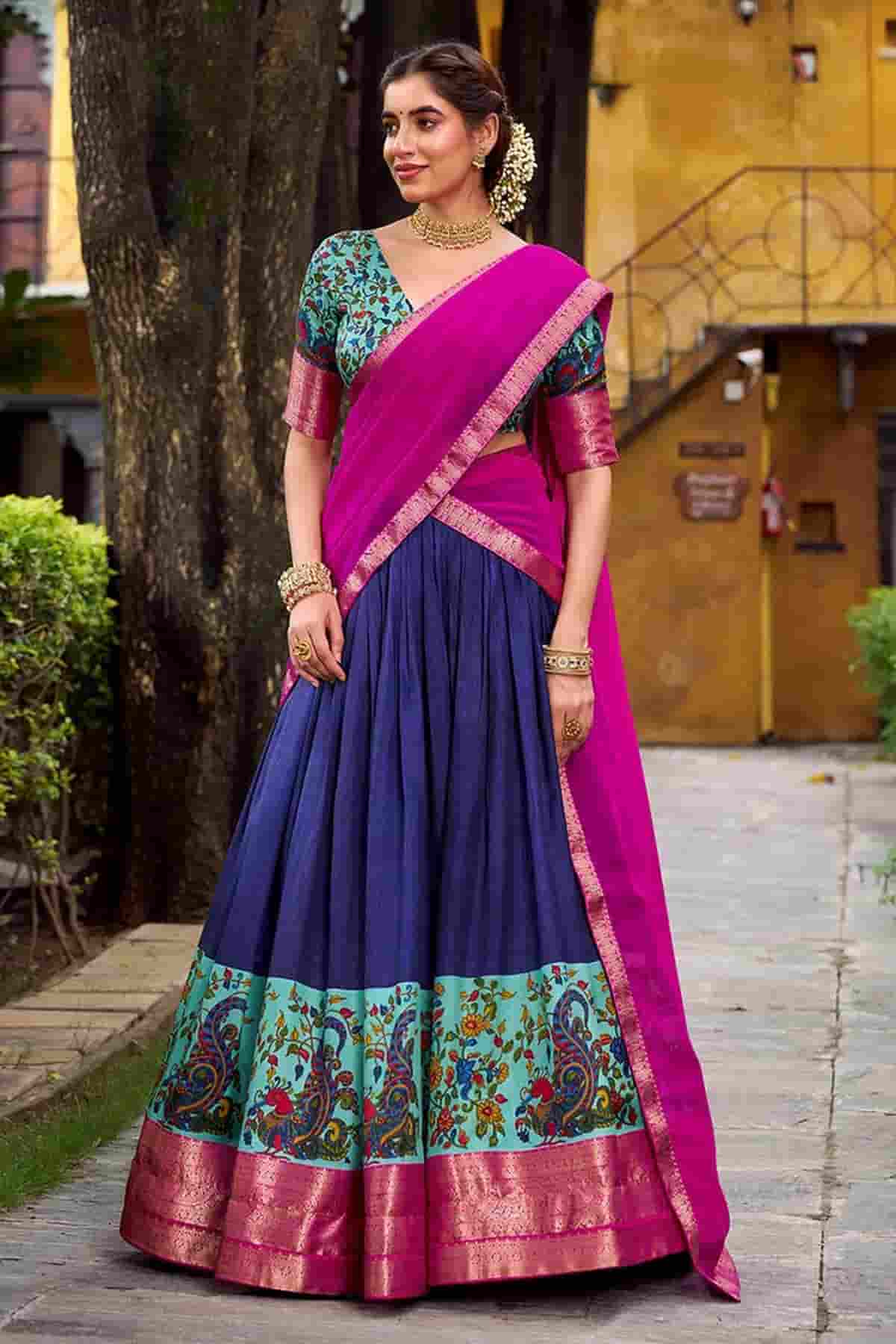 Aastha Silk Printed Zari Woven Work Stitched Lehenga Choli In Blue Colour