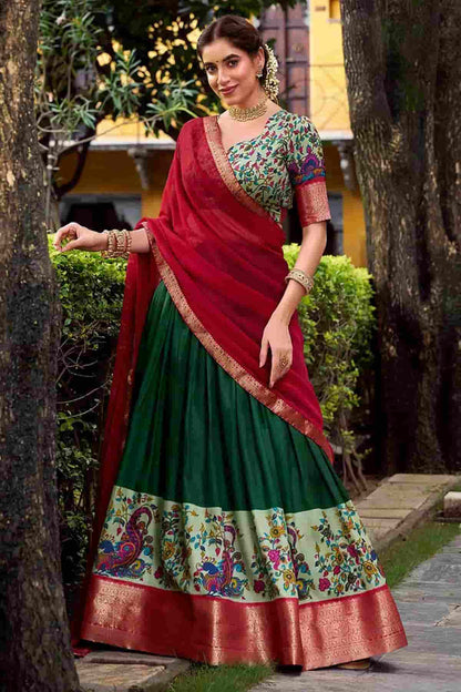 Aastha Silk Printed Zari Woven Work Stitched Lehenga Choli In Green Colour