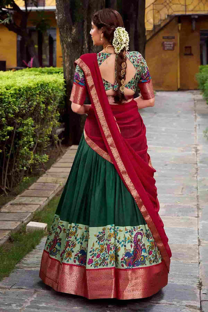 Aastha Silk Printed Zari Woven Work Stitched Lehenga Choli In Green Colour