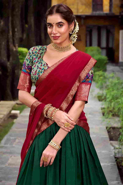 Aastha Silk Printed Zari Woven Work Stitched Lehenga Choli In Green Colour