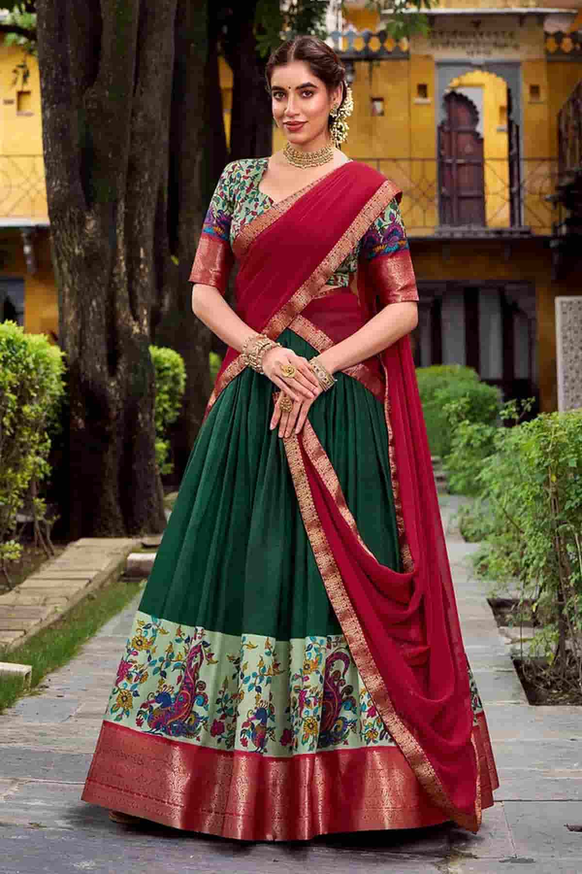 Aastha Silk Printed Zari Woven Work Stitched Lehenga Choli In Green Colour