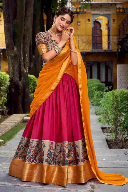 Aastha Silk Printed Zari Woven Work Stitched Lehenga Choli In Pink Colour