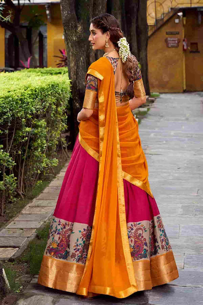 Aastha Silk Printed Zari Woven Work Stitched Lehenga Choli In Pink Colour