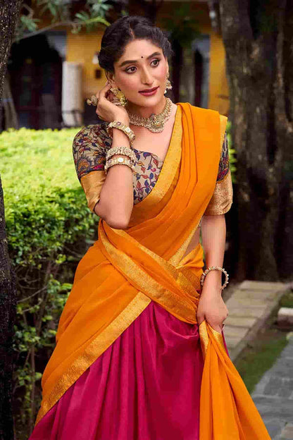 Aastha Silk Printed Zari Woven Work Stitched Lehenga Choli In Pink Colour