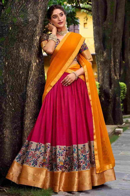 Aastha Silk Printed Zari Woven Work Stitched Lehenga Choli In Pink Colour