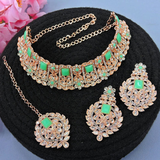 Alloy Choker Necklace Set In Light Green Colour NS1250021