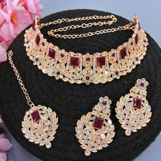 Alloy Choker Necklace Set In Maroon Colour NS1250020