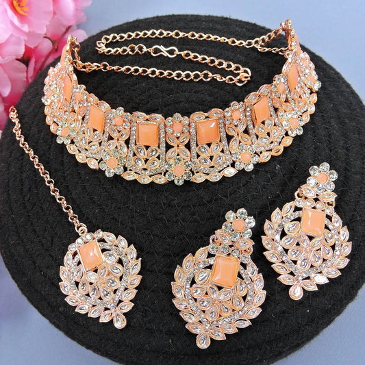 Alloy Choker Necklace Set In Peach Colour NS1250023