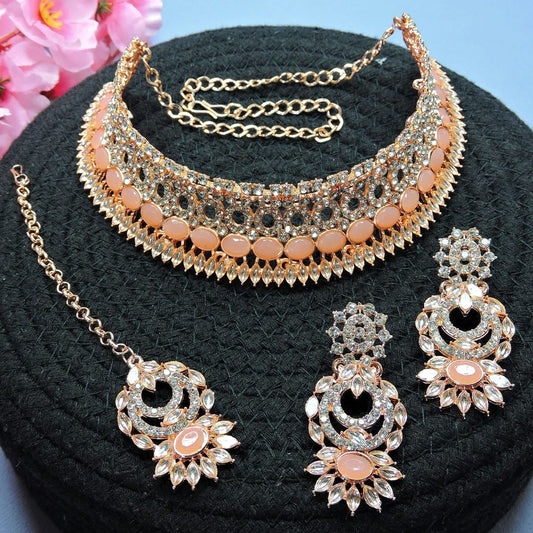 Alloy Choker Necklace Set In Peach Colour NS1250118