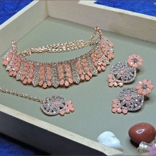 Alloy Choker Necklace Set In Peach Colour NS1250131