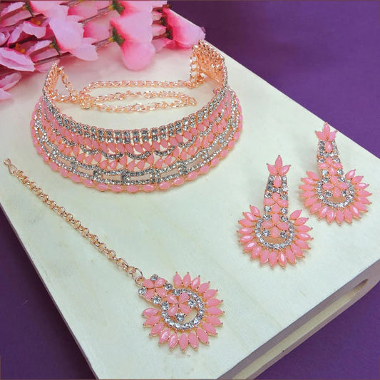 Alloy Choker Necklace Set In Pink Colour NS1250009