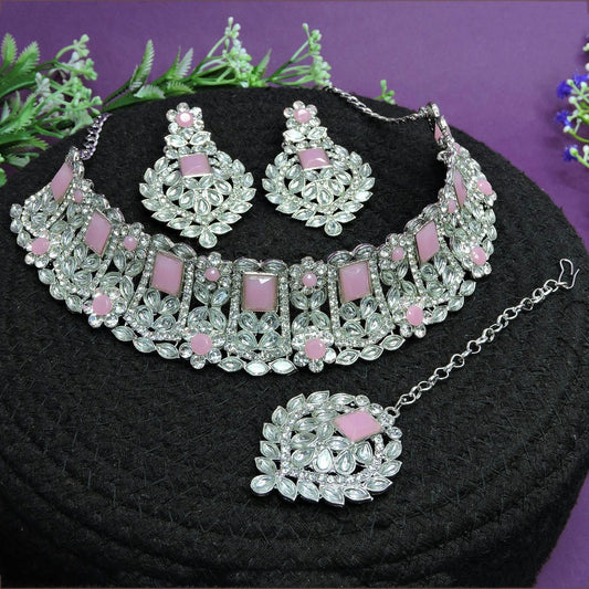 Alloy Choker Necklace Set In Pink Colour NS1250029