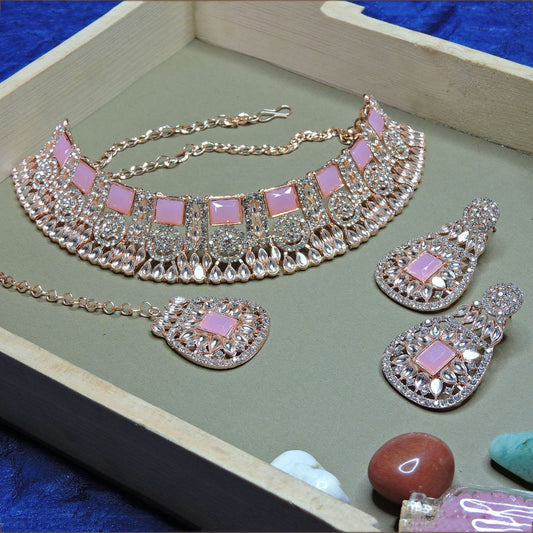 Alloy Choker Necklace Set In Pink Colour NS1250081