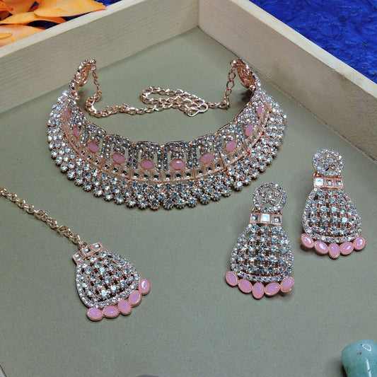 Alloy Choker Necklace Set In Pink Colour NS1250094