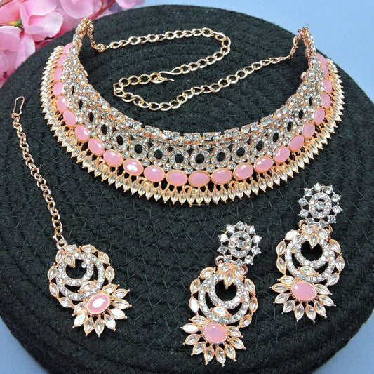 Alloy Choker Necklace Set In Pink Colour NS1250119