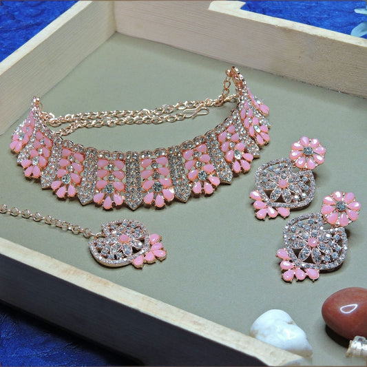 Alloy Choker Necklace Set In Pink Colour NS1250132