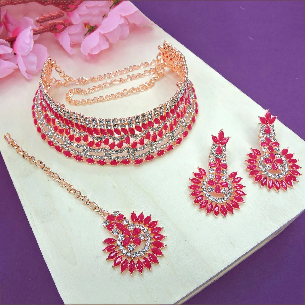 Alloy Choker Necklace Set In Rani Pink Colour NS1250012