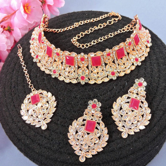 Alloy Choker Necklace Set In Rani Pink Colour NS1250027
