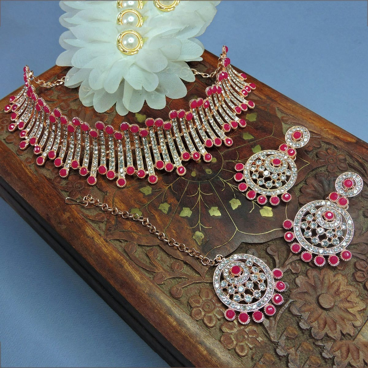 Alloy Choker Necklace Set In Rani Pink Colour NS1250045