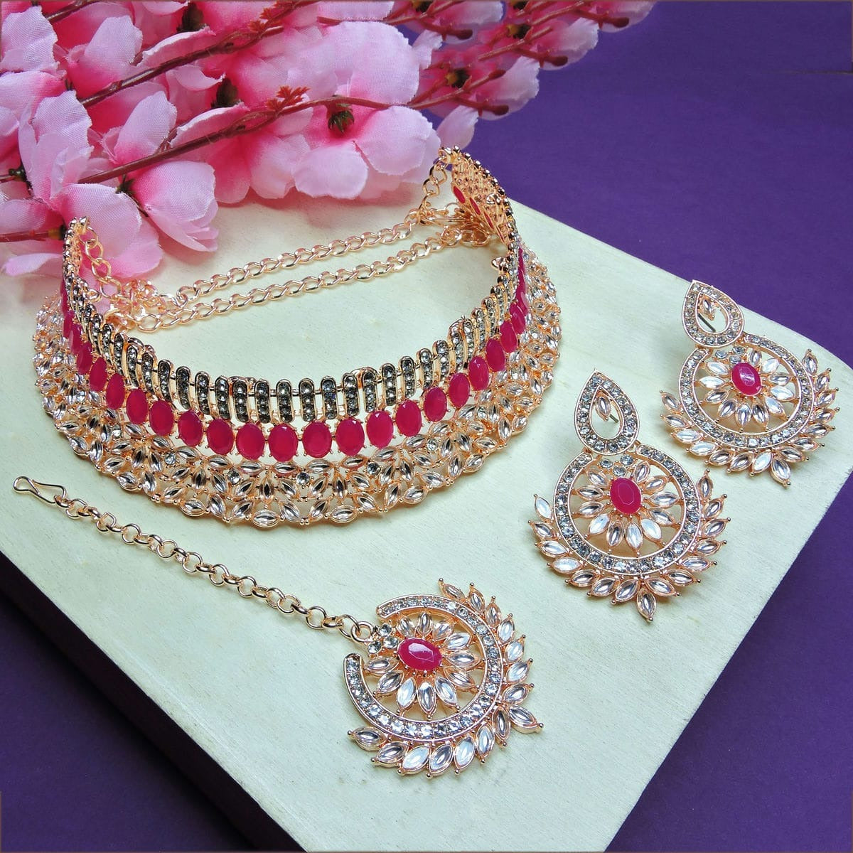 Alloy Choker Necklace Set In Rani Pink Colour NS1250057