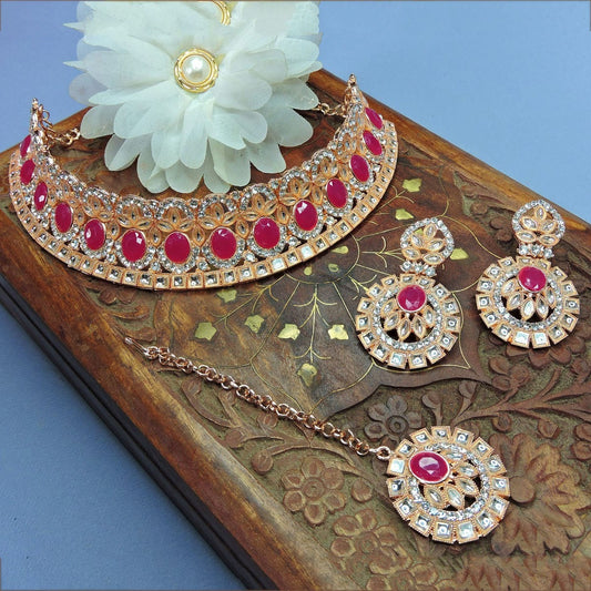 Alloy Choker Necklace Set In Rani Pink Colour NS1250071