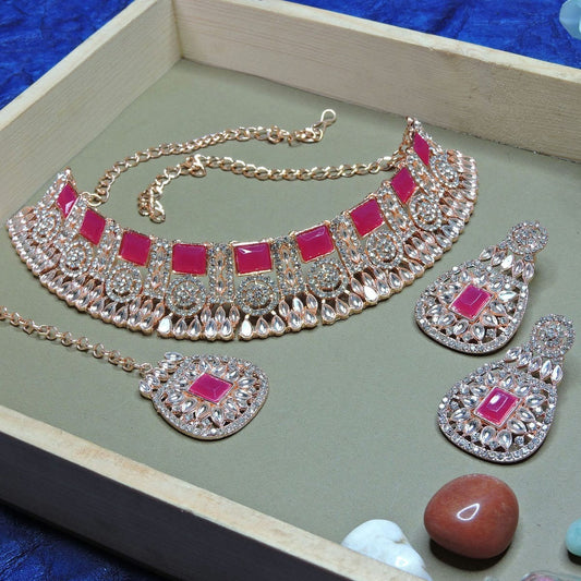 Alloy Choker Necklace Set In Rani Pink Colour NS1250084