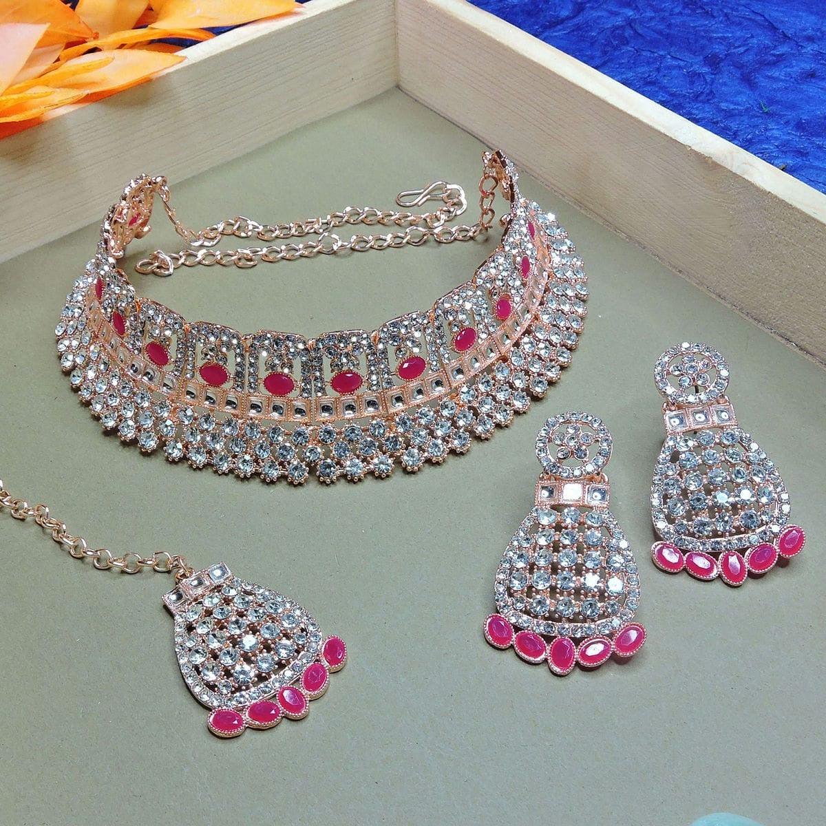 Alloy Choker Necklace Set In Rani Pink Colour NS1250097