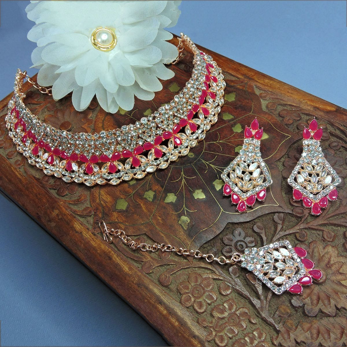Alloy Choker Necklace Set In Rani Pink Colour NS1250109