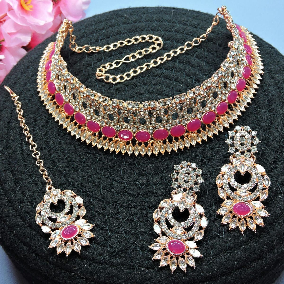 Alloy Choker Necklace Set In Rani Pink Colour NS1250122