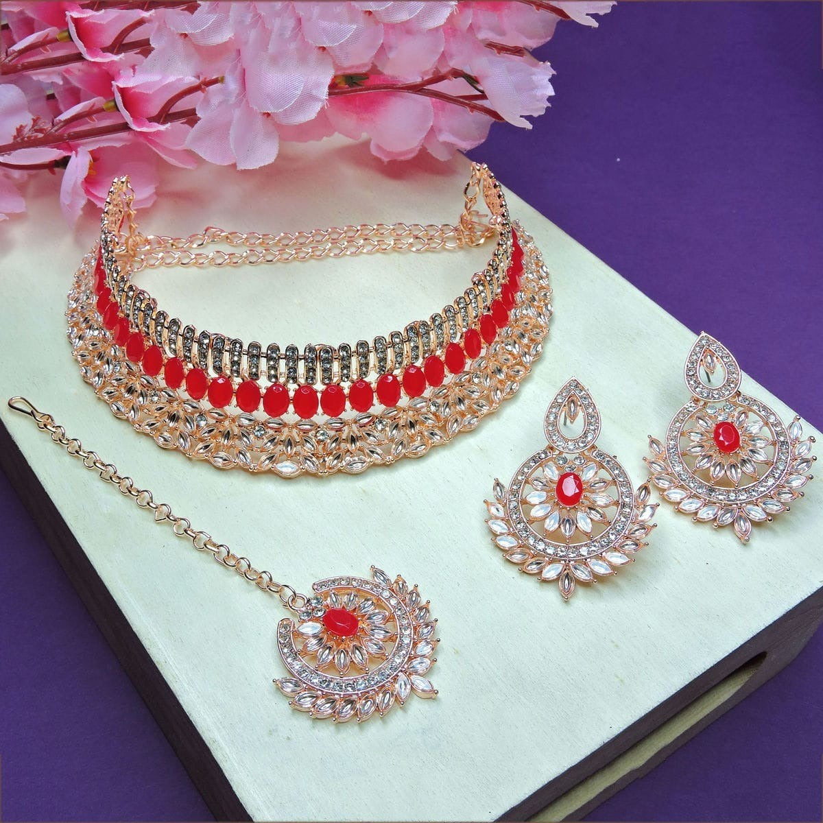 Alloy Choker Necklace Set In Red Colour NS1250056