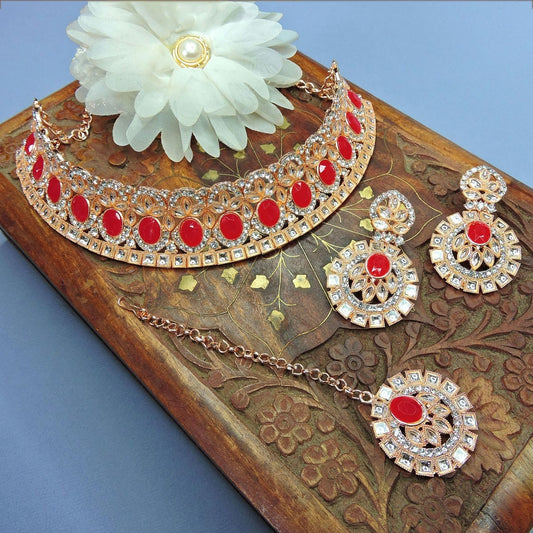 Alloy Choker Necklace Set In Red Colour NS1250070