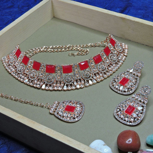 Alloy Choker Necklace Set In Red Colour NS1250083