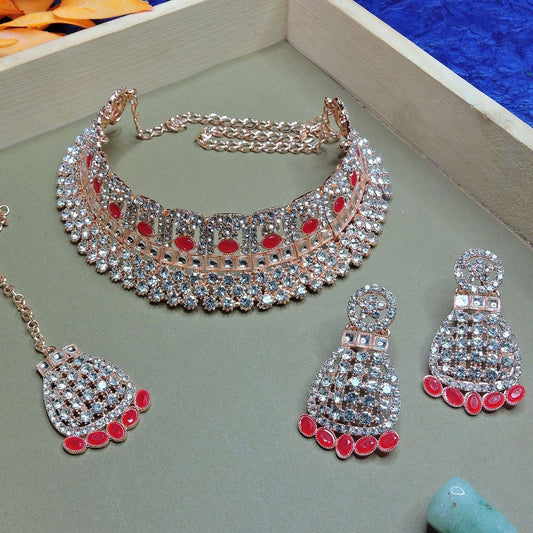 Alloy Choker Necklace Set In Red Colour NS1250096