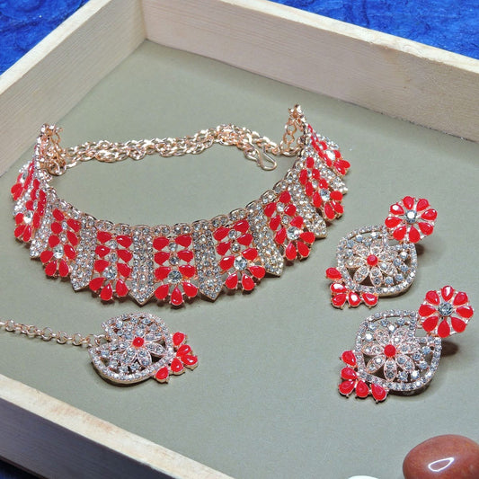 Alloy Choker Necklace Set In Red Colour NS1250134